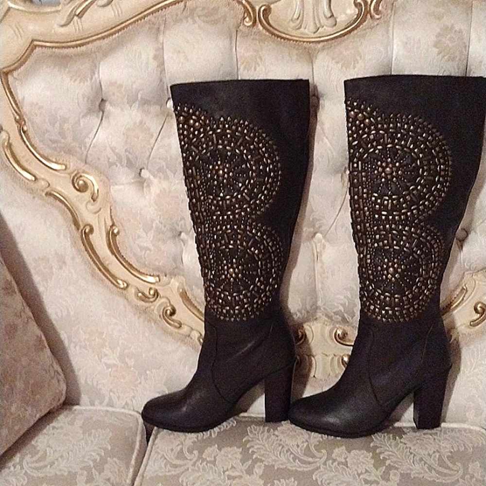 Aldo brown leather gold studded boots ..size 7